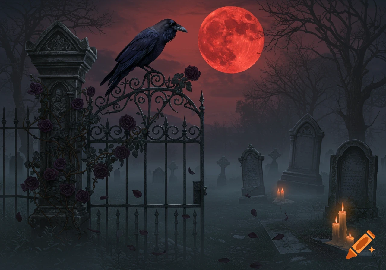 A black crow on a gothic gate with dark roses, overlooking a misty graveyard under a large red moon and lit candles.