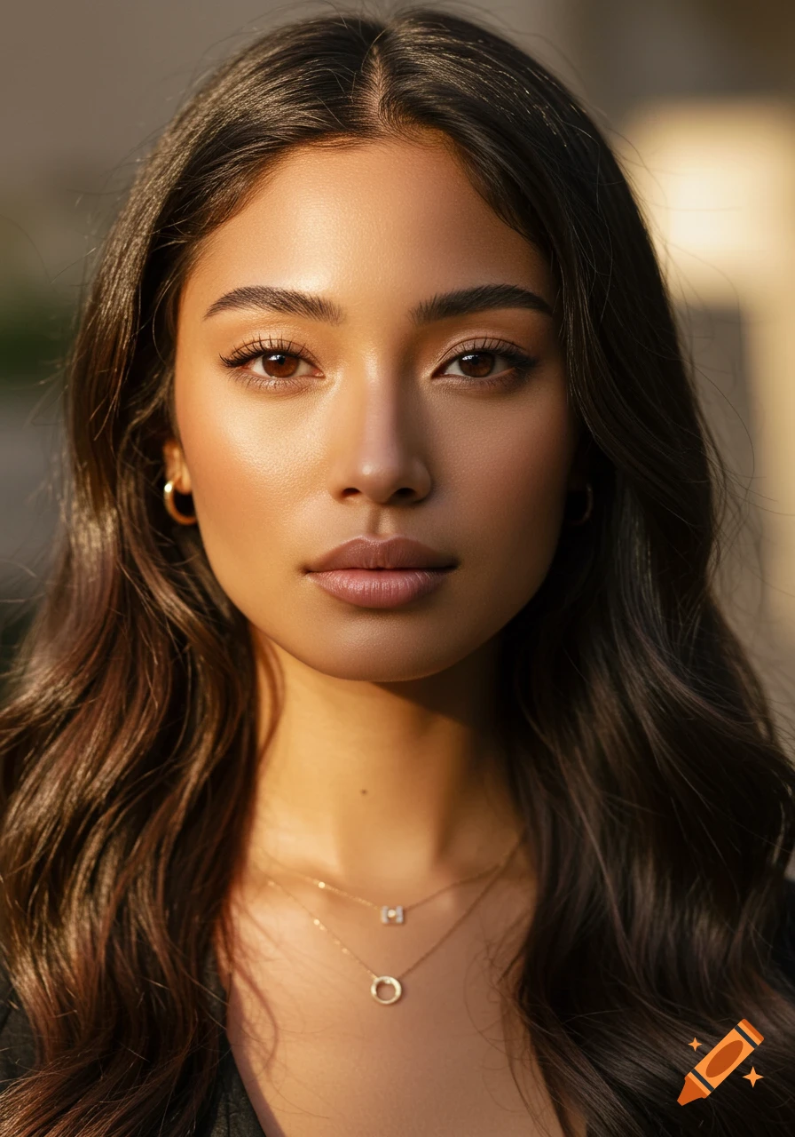 Photorealistic close-up portrait of a beautiful multiracial woman with long dark wavy hair and brown eyes, illuminated by natural light.