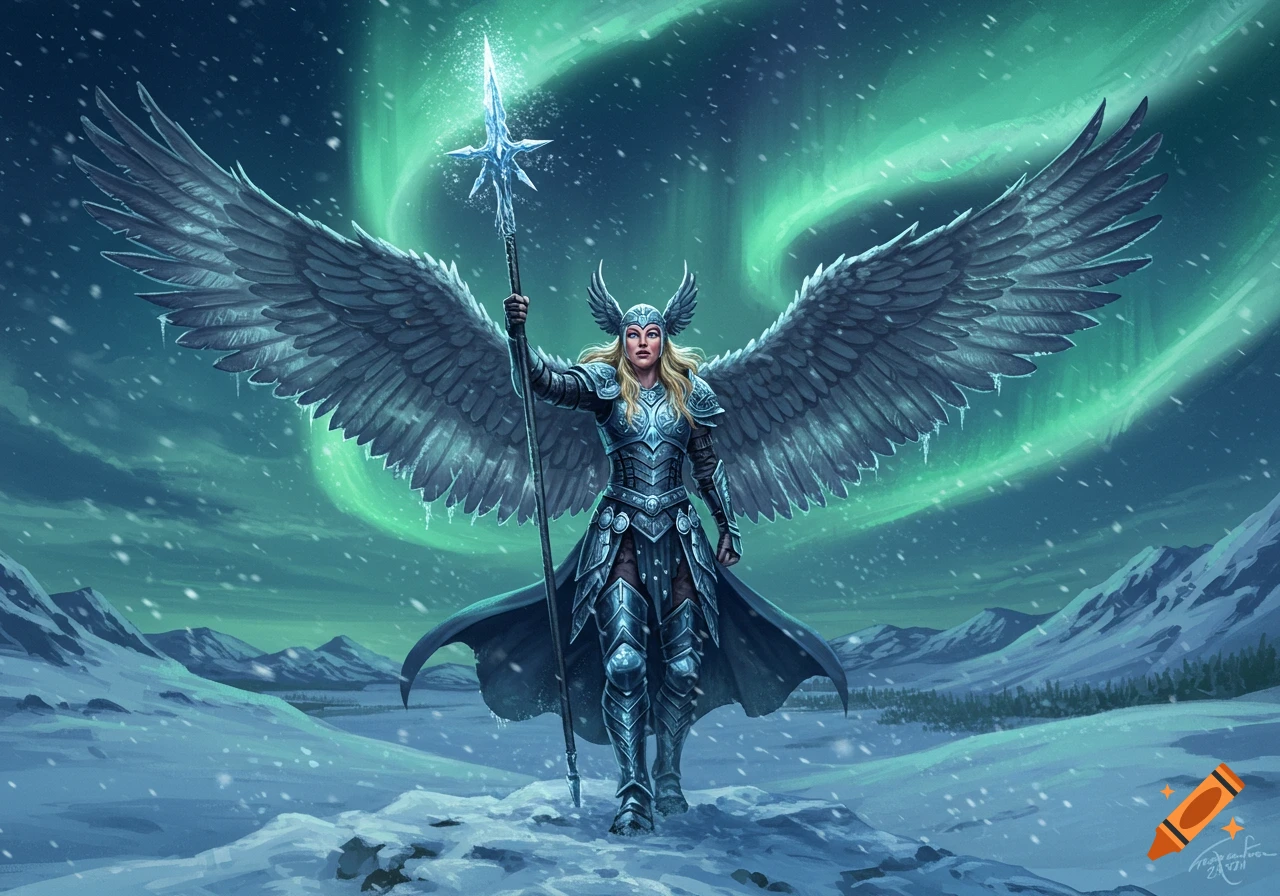 A majestic Valkyrie in ornate armor with large feathered wings stands in a snowy mountain landscape under a vibrant green aurora borealis, holding a glowing spear.