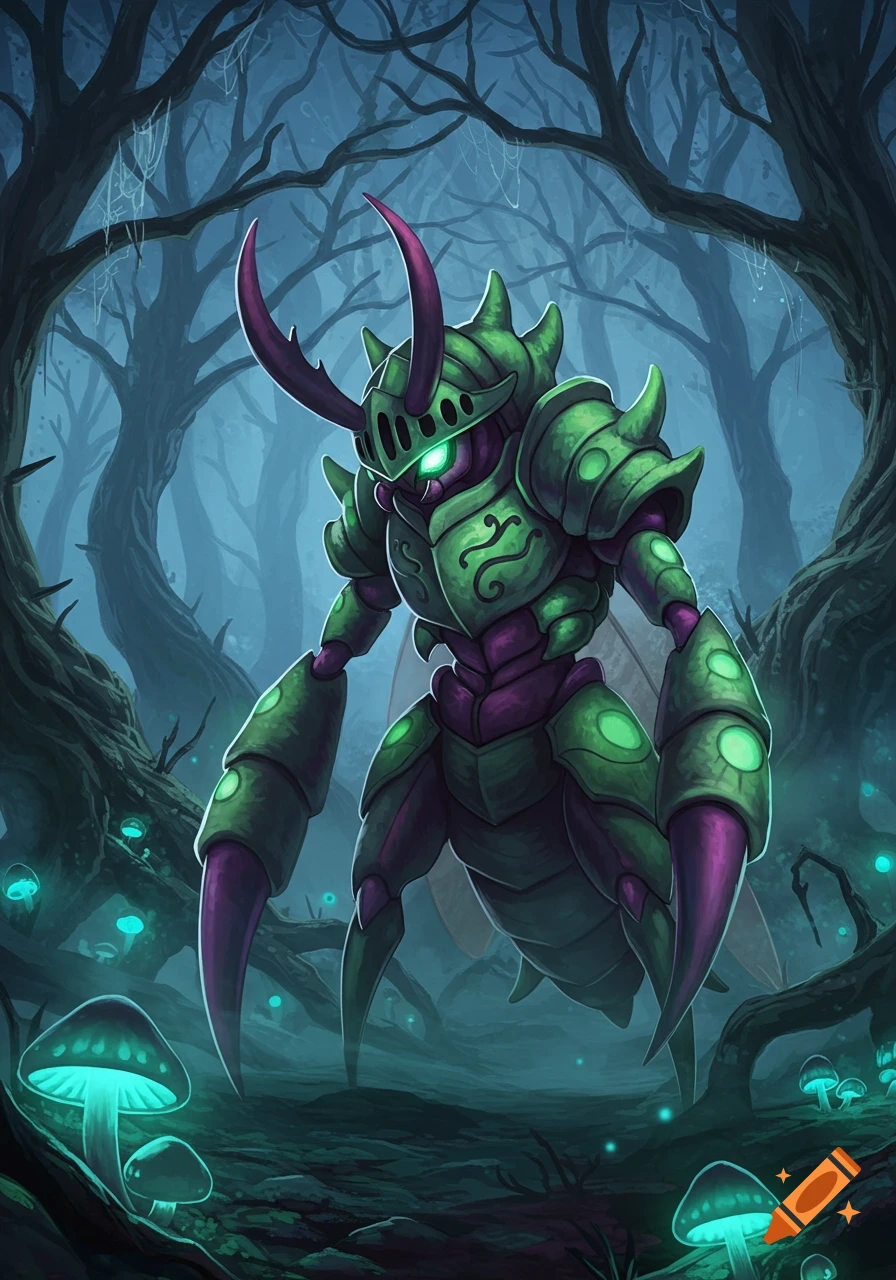 A green and purple armored bug-like creature with glowing eyes stands in a dark, misty fantasy forest with glowing blue mushrooms.