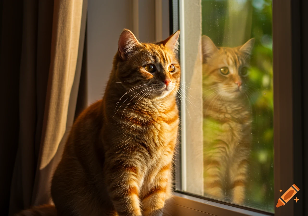 An orange tabby cat sits on a sunlit windowsill, looking out a window with its reflection visible.