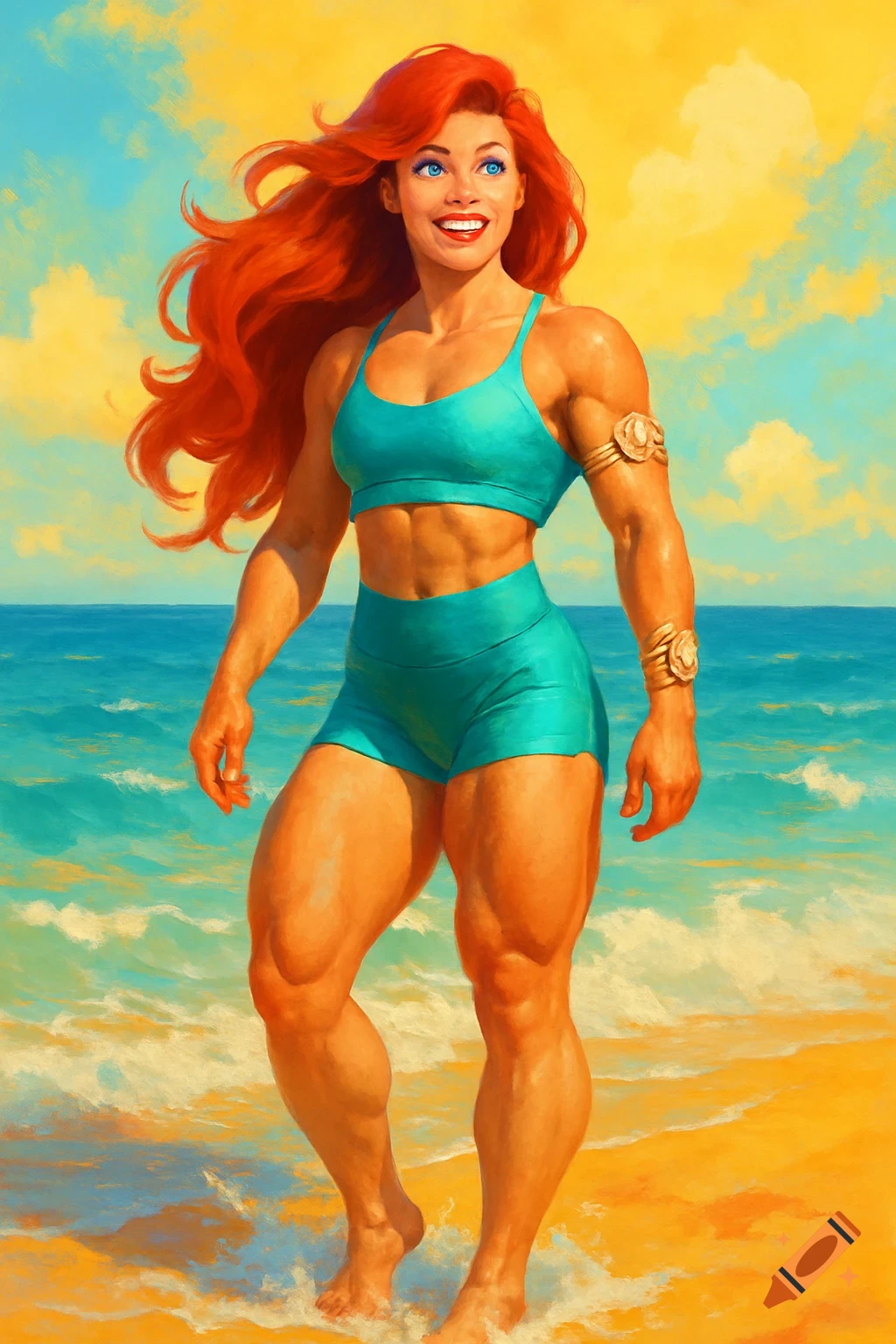 A muscular woman with long red hair and blue eyes confidently poses on a beach, rendered in a vibrant painterly style.