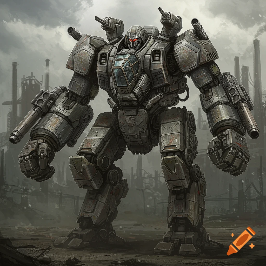 A large, brutish, tarnished grey combat mech stands in a desolate industrial landscape under a cloudy sky.
