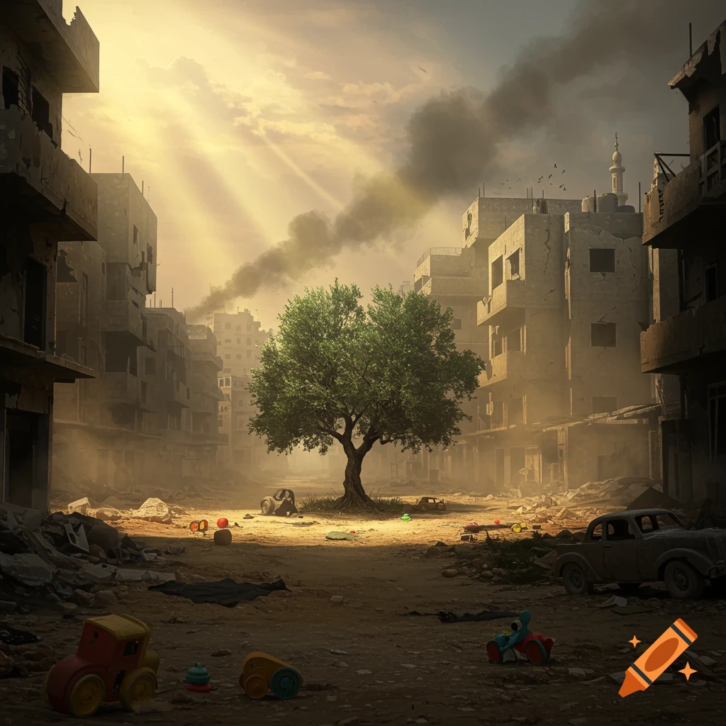 A vibrant green tree stands amidst a desolate, war-torn city street with ruined buildings and scattered children's toys under a smoky sky with sunrays.