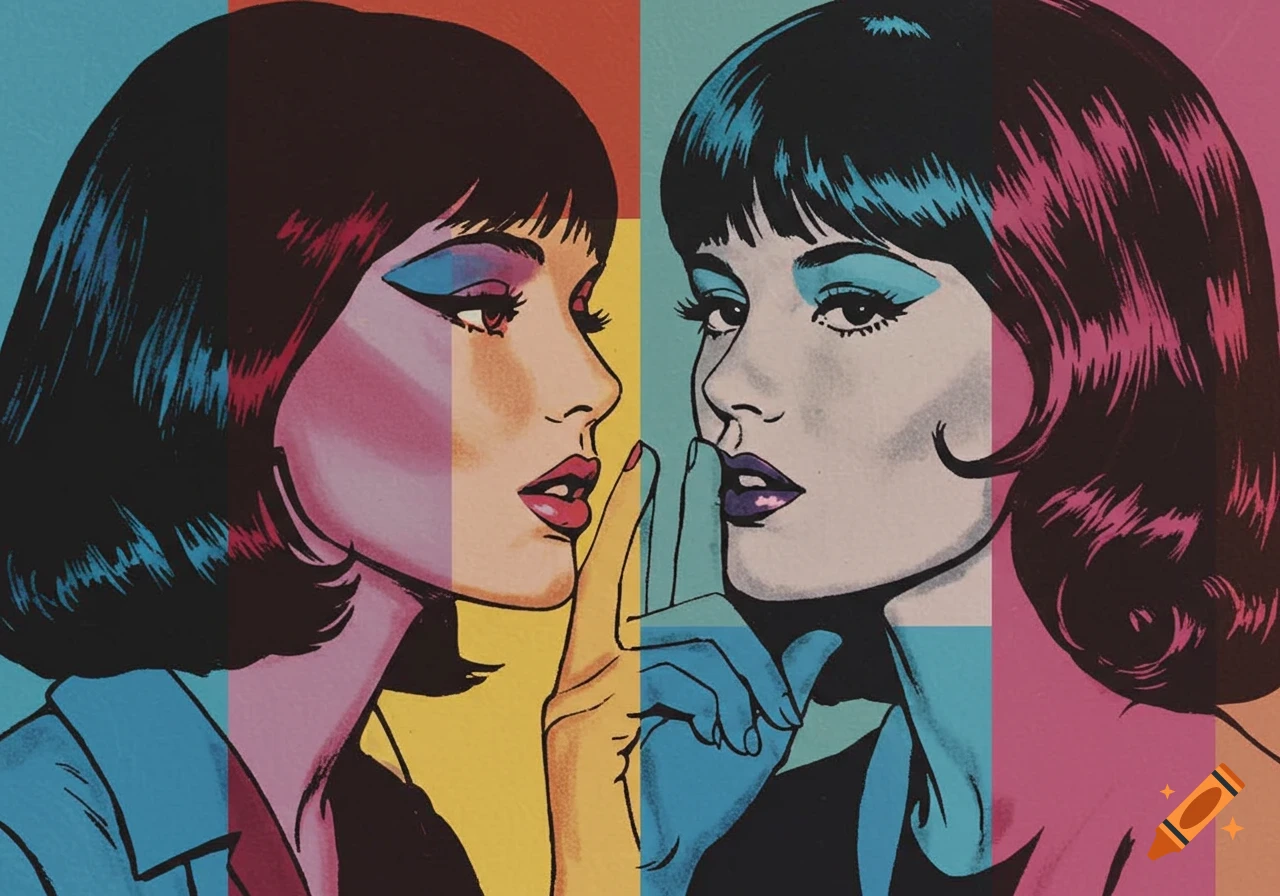 Two women in a vibrant pop art style, one whispering to the other who signals for silence with a finger to her lips.