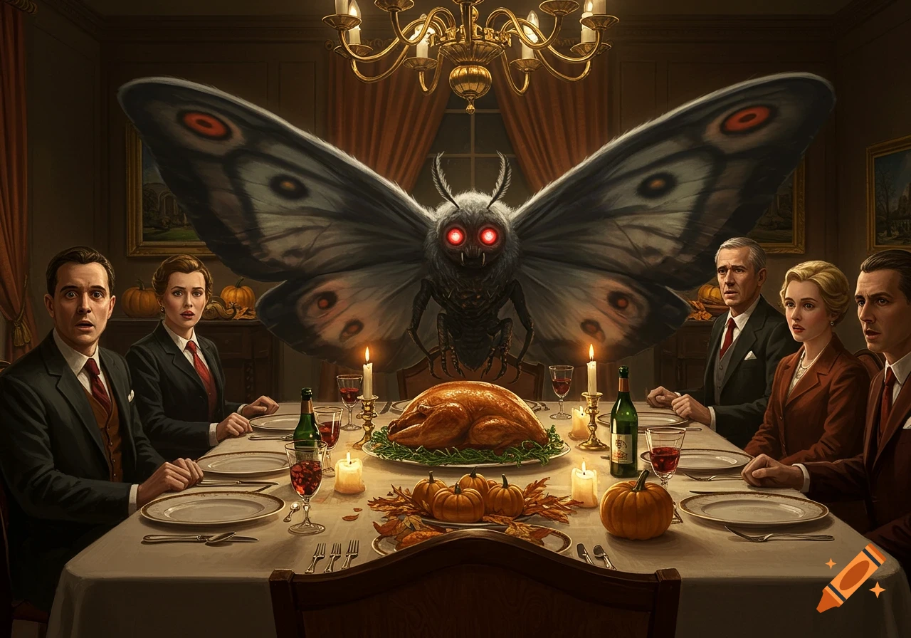 A photorealistic image of a large, red-eyed Mothman sitting at a Thanksgiving dinner table with four shocked human guests.