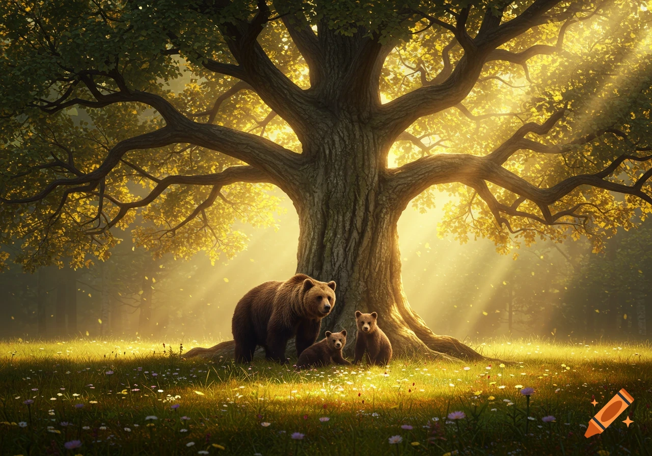A mother bear and two cubs stand under a large sun-drenched tree in a forest clearing with wildflowers. Photorealistic style.