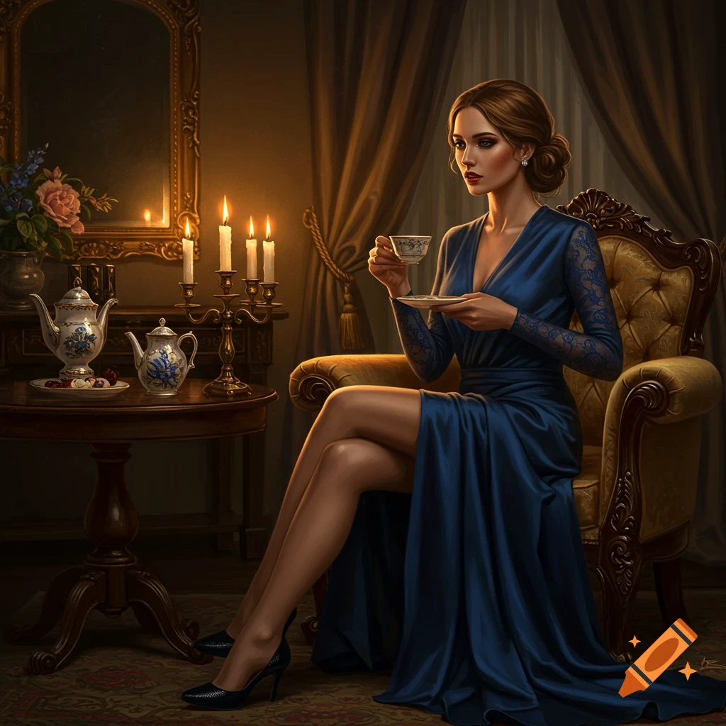 An elegant woman in a long blue dress sits in a gold armchair, holding a teacup, in a dimly lit room with candles and antique decor.