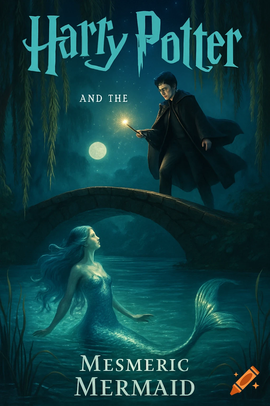 Illustration of Harry Potter on a bridge looking at a mermaid in the water below, under a full moon, on a book cover.