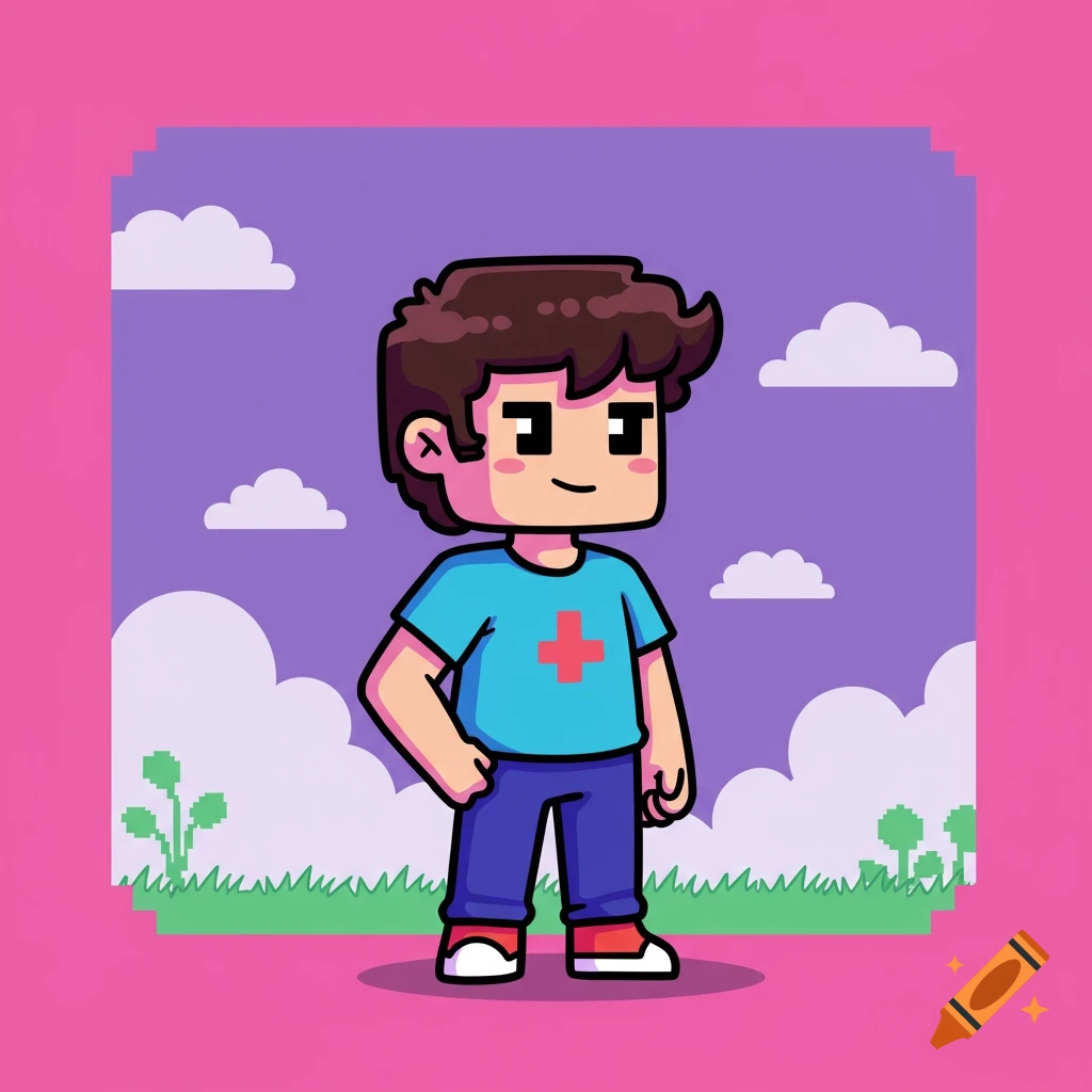 An 8-bit style cartoon boy with brown hair, blue shirt, red plus sign, and blue pants stands in a pixelated landscape.