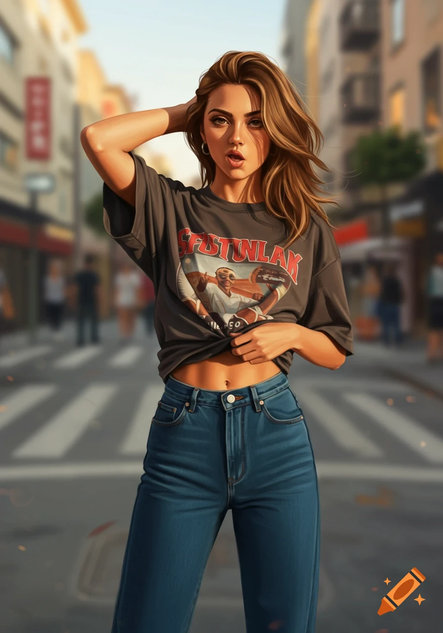 A photorealistic image of a woman in a dark t-shirt and jeans standing on a city street, partially showing her midriff.