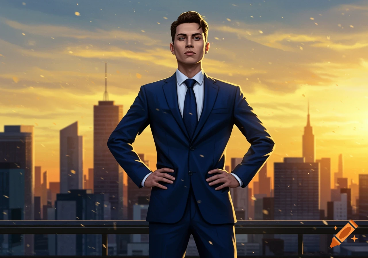 Digital art of a confident man in a blue suit with hands on hips, standing on a rooftop overlooking a cityscape at sunset.