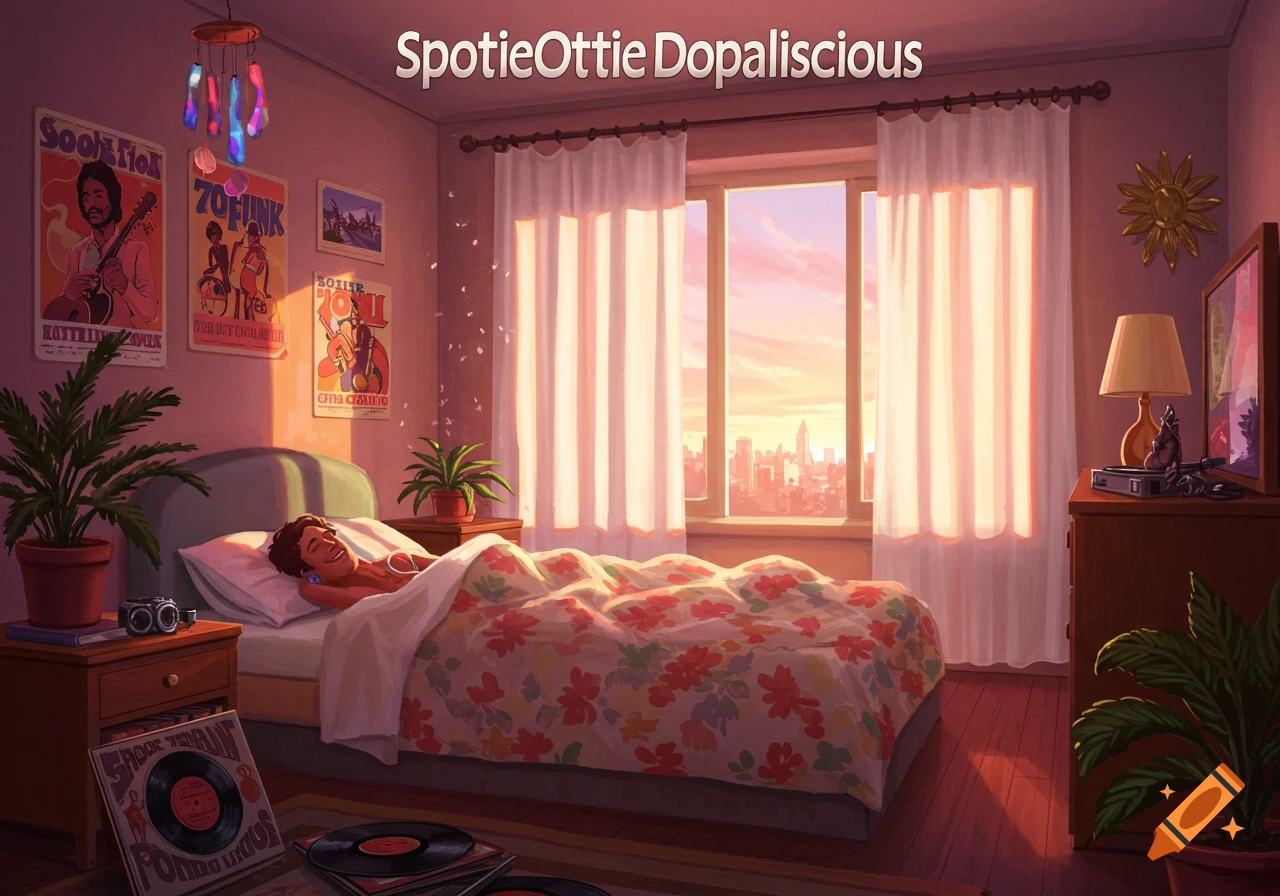 A person smiles while waking up in a sunlit bedroom with posters on the wall and vinyl records, in an illustrative style.