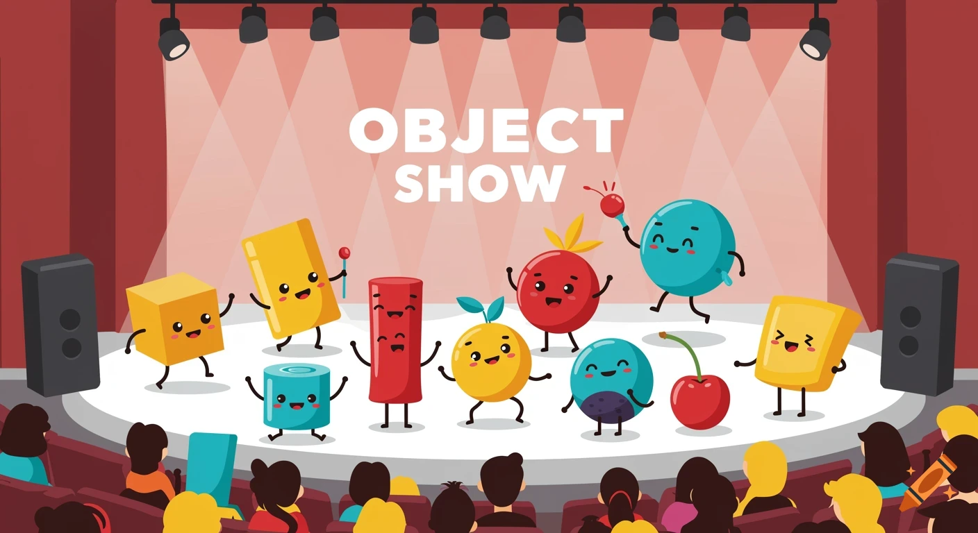 Cartoon objects like cubes, cylinders, and fruits with faces perform on a stage with "OBJECT SHOW" text, watched by an audience.