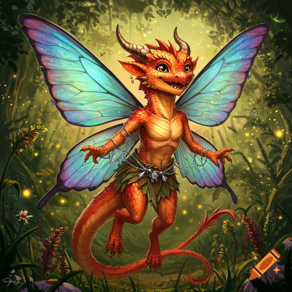 A cute orange faerie dragon with iridescent butterfly wings stands in a magical forest.