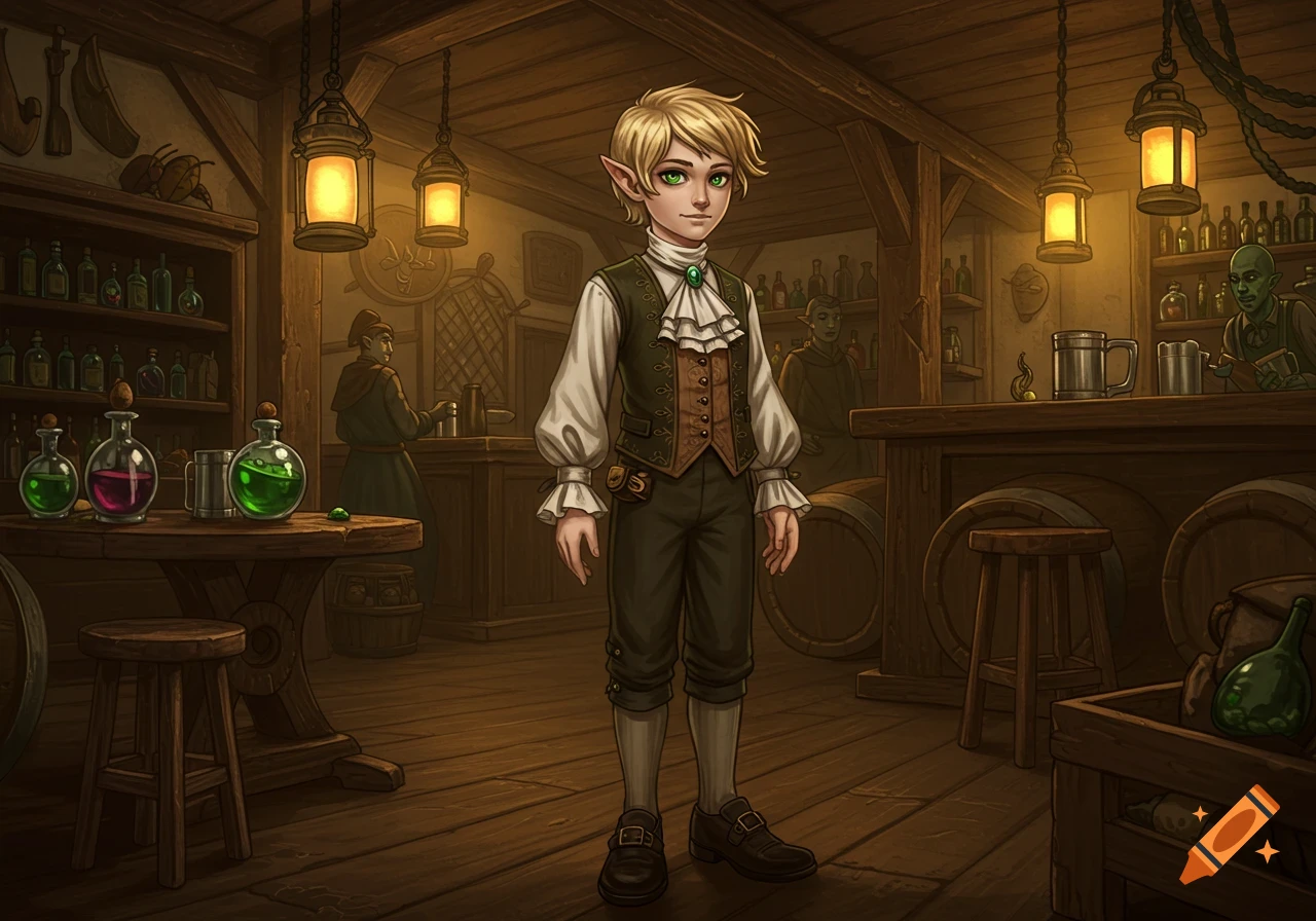 A young elf boy with blonde hair and green eyes, dressed in gothic attire, stands in a detailed medieval fantasy tavern.