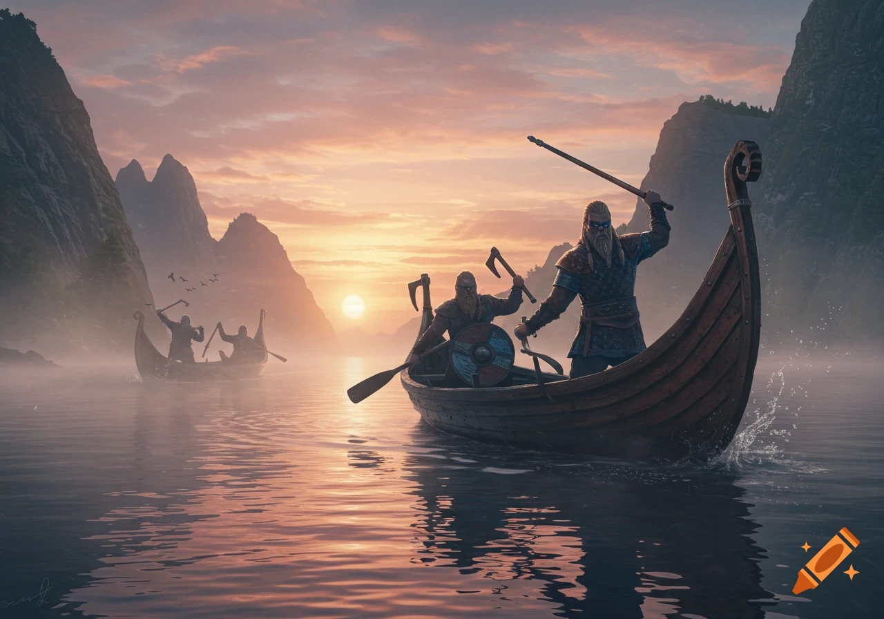Two Vikings in a longship on a misty lake at sunset, with other boats and mountains in the background.