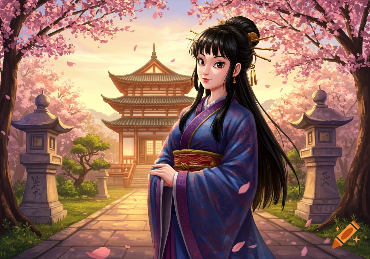 An anime-style woman in a blue kimono stands in front of a traditional Japanese temple with cherry blossoms at sunset.