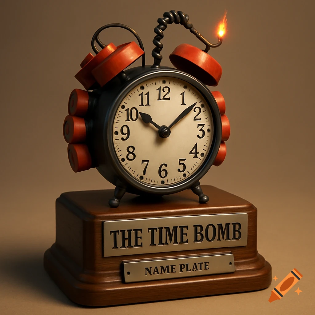 A satirical trophy featuring an alarm clock with dynamite sticks instead of bells, a lit fuse, and a plaque on a wooden base that reads "THE TIME BOMB" and "NAME PLATE".
