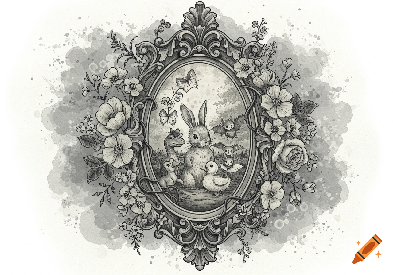 Black and white illustration of a bunny, dinosaur, ducklings, and bats in an ornate oval frame surrounded by flowers.