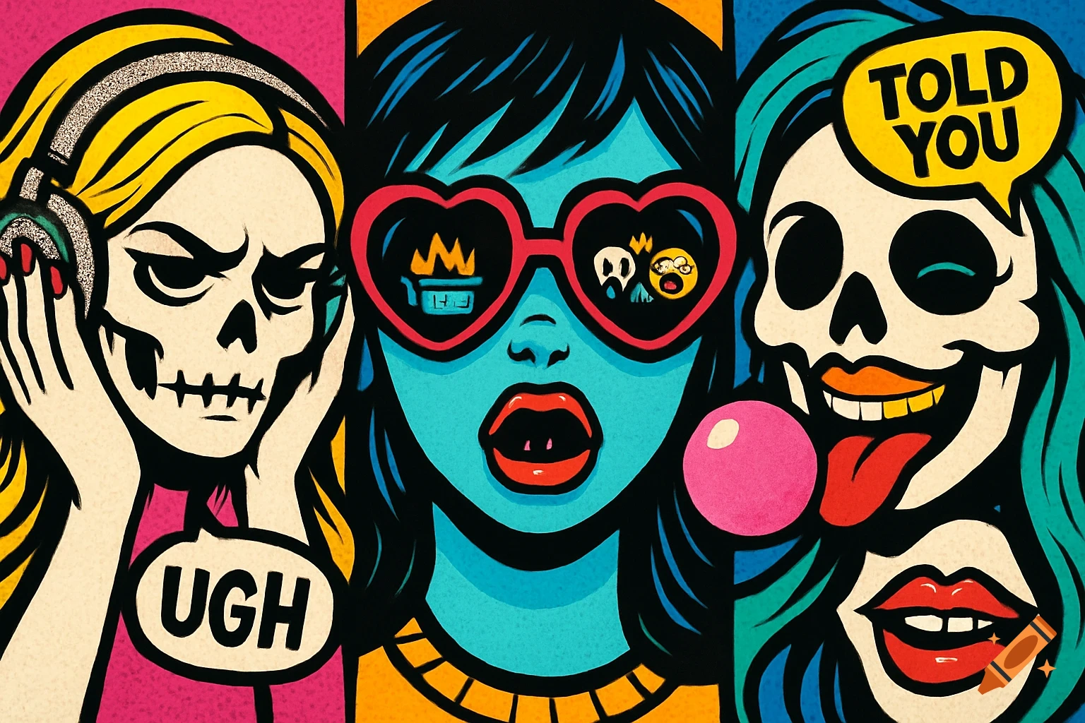Three pop-art style figures with skull faces. Left covers ears, "UGH" bubble. Middle wears heart glasses. Right blows bubblegum, "TOLD YOU" bubble.