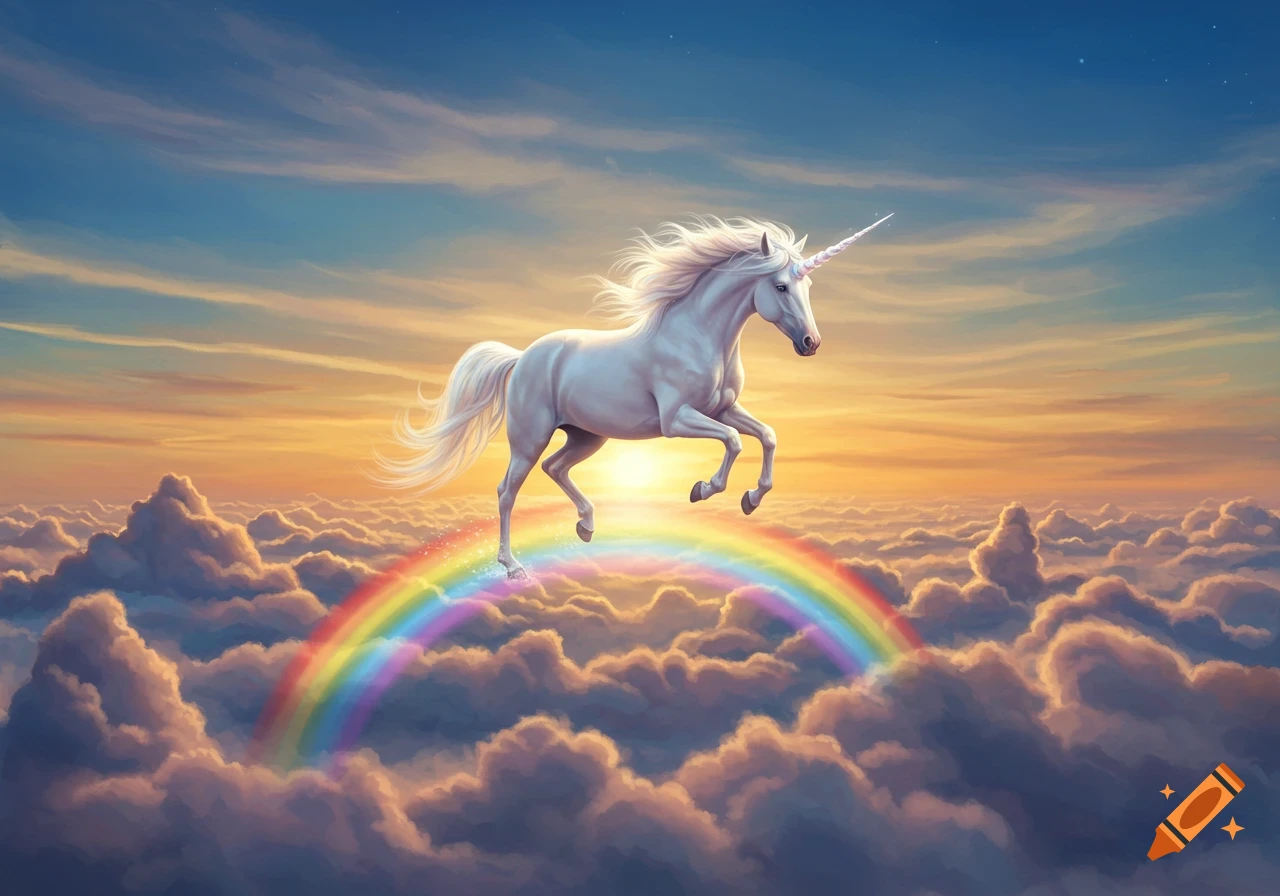 A white unicorn with a flowing mane and tail leaps on a vibrant rainbow above fluffy clouds during a sunset.