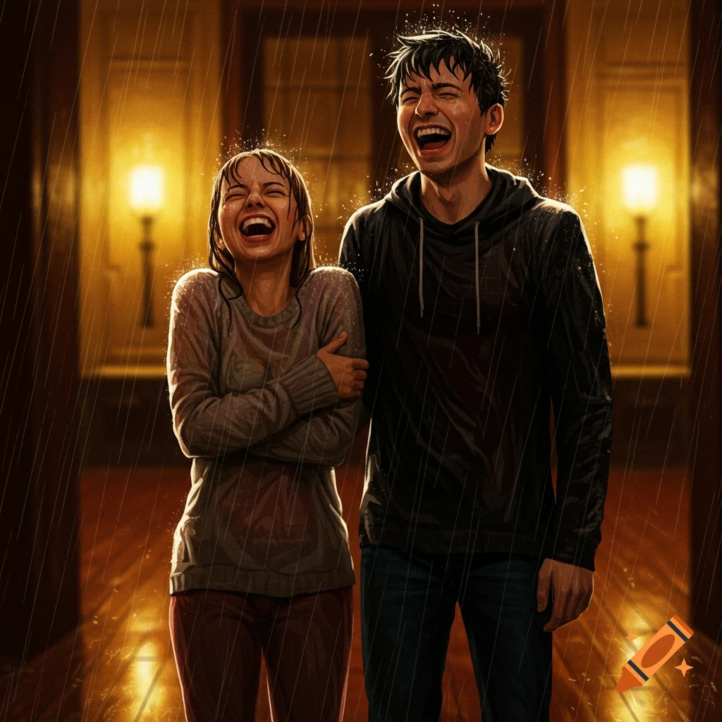 A photorealistic image of a man and a woman, soaked to the bone from rain, laughing hysterically in a warm-lit indoor hallway.