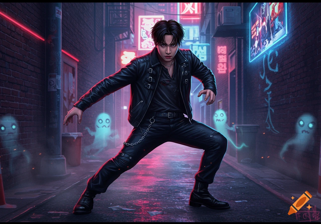 A man in a black leather jacket and pants stands in a neon-lit alleyway with glowing blue ghost figures. He has dark hair and a serious expression, with a hint of blood on his chin.