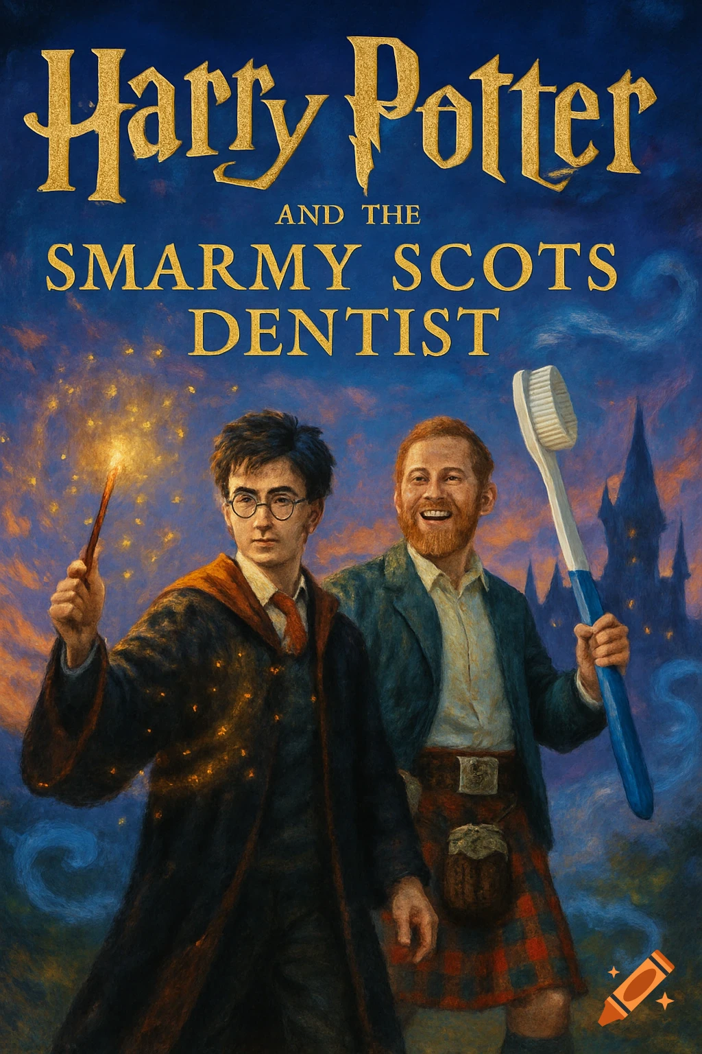 Illustrated book cover: Harry Potter with a glowing wand and a man in a kilt with a giant toothbrush. Title: 'Harry Potter and the Smarmy Scots Dentist'.