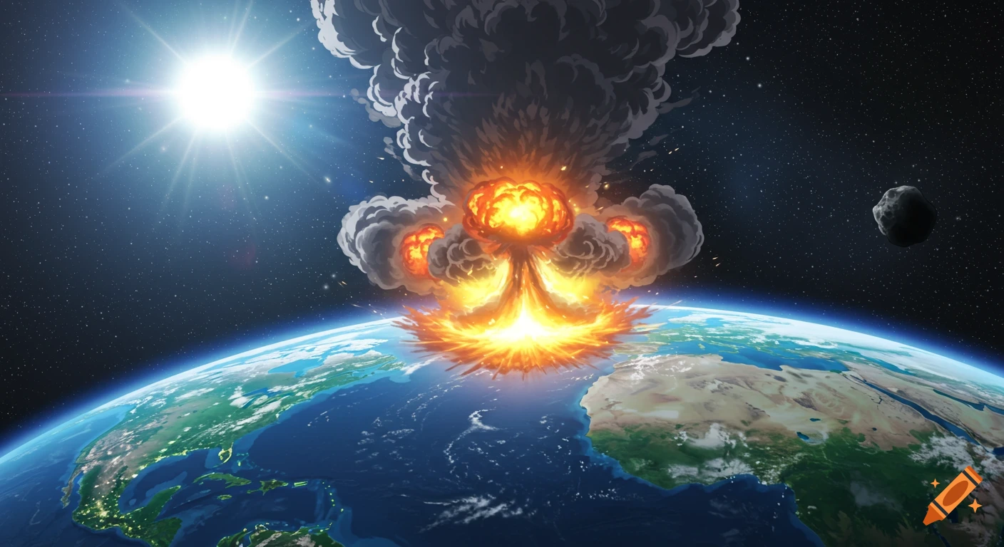 Anime-style view from space showing a massive explosion on the Earth's surface, with the sun and an asteroid visible in the background.