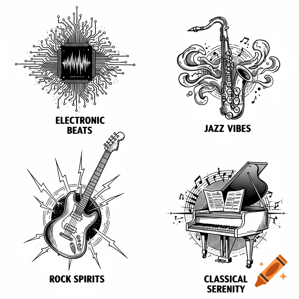 Four black and white illustrations: a circuit board for 'Electronic Beats', a saxophone for 'Jazz Vibes', an electric guitar for 'Rock Spirits', and a grand piano for 'Classical Serenity'.