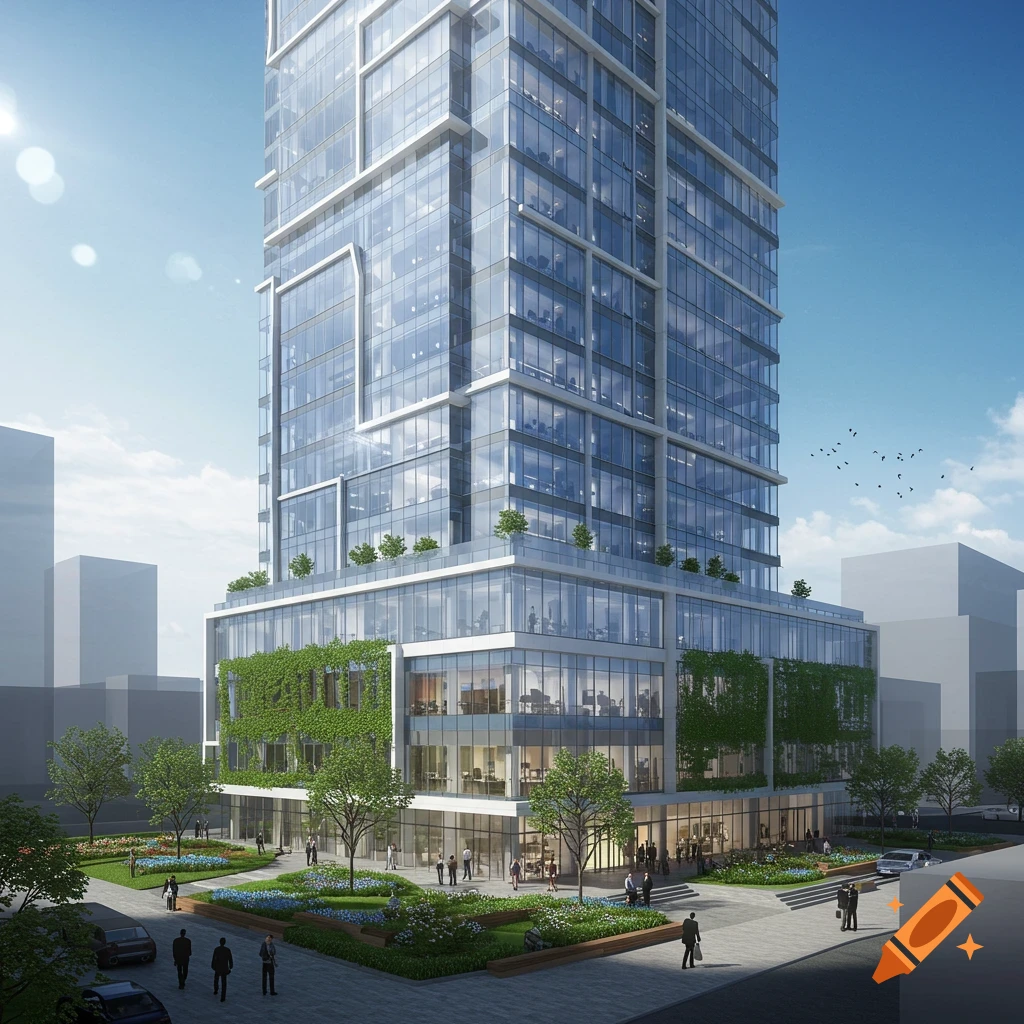 A photorealistic render of a modern glass skyscraper with green vines on lower floors and a landscaped plaza with people and trees.