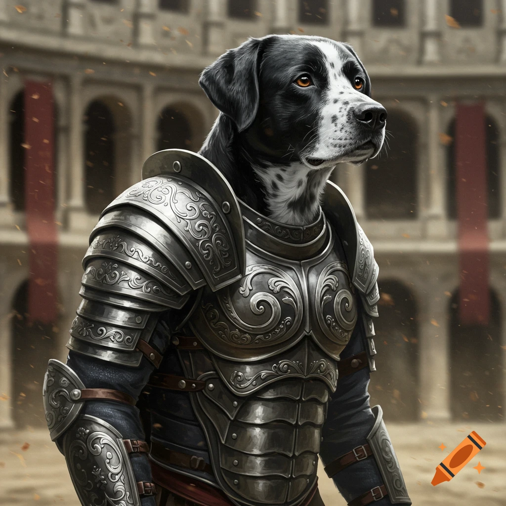 A black and white dog wearing ornate silver gladiator armor stands in an ancient arena, digital art.