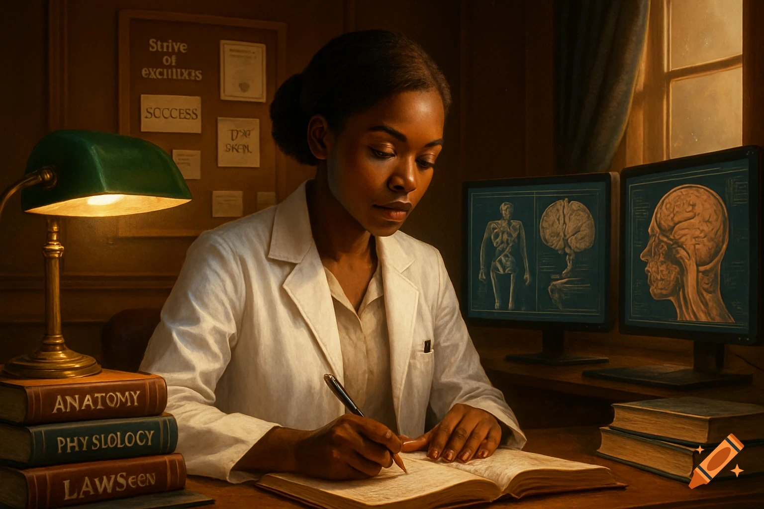 A black woman medical student in a white lab coat studies at a desk with books, a lamp, and anatomy diagrams on monitors. Photorealistic.