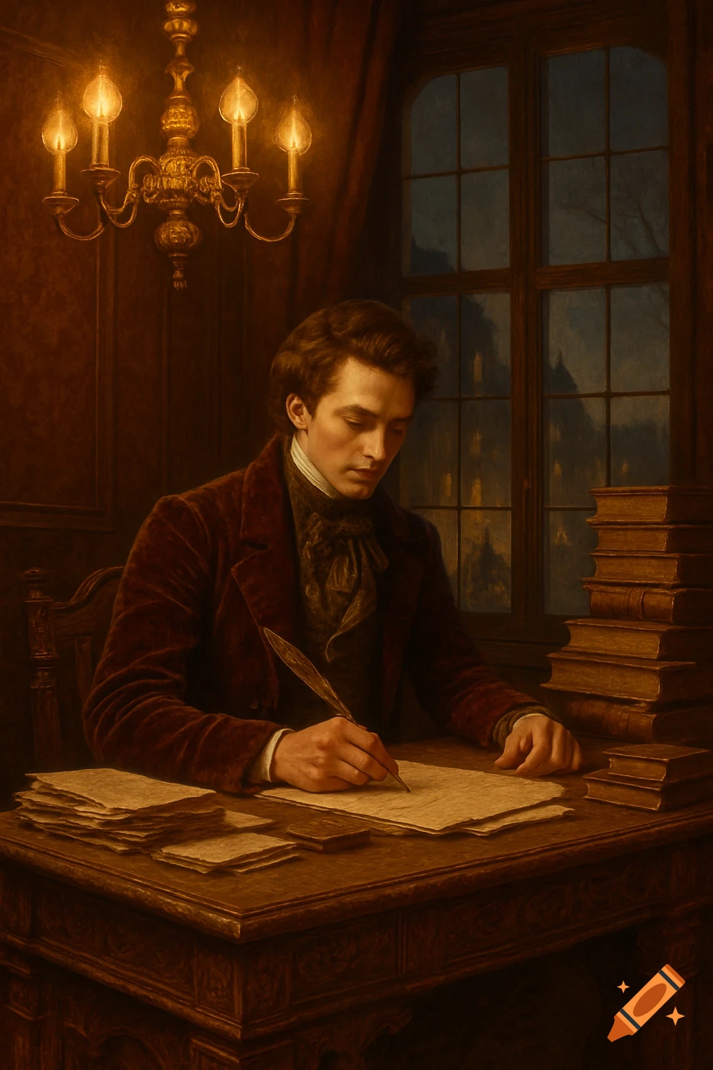 A young man in 19th-century attire writes with a quill at a wooden desk, lit by a chandelier in a dim room.