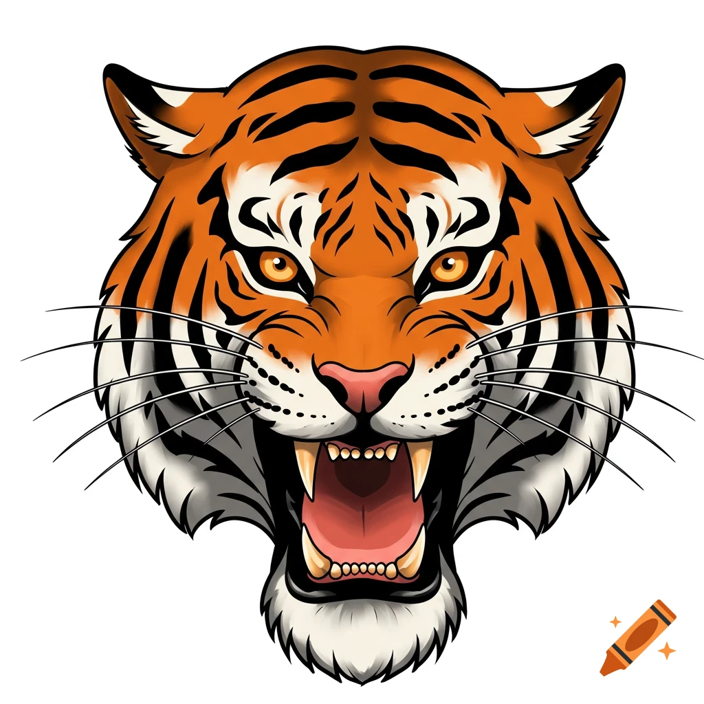 A fierce roaring tiger head illustration with bold lines, orange and black stripes, and bared fangs, in a tattoo style.