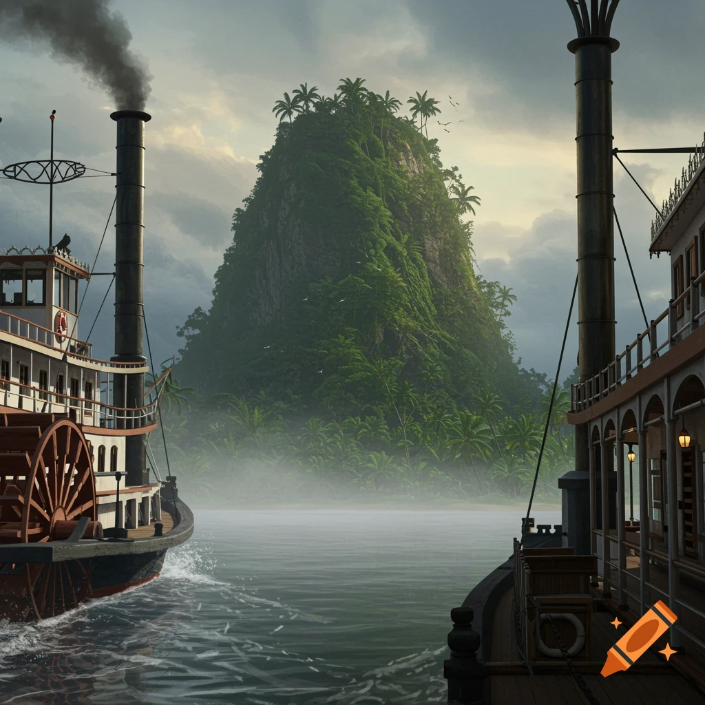 Two steamboats on a misty river approaching a lush, green jungle island under a cloudy sky.