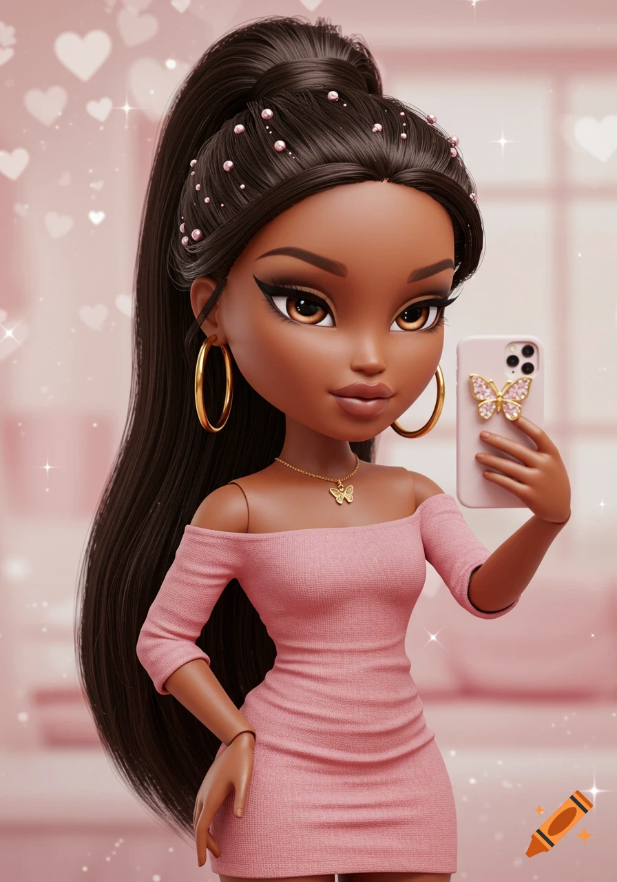 A glamorous 3D Bratz-style doll with long dark hair in a high ponytail takes a selfie, wearing a pink off-shoulder dress against a heart-patterned pink background.