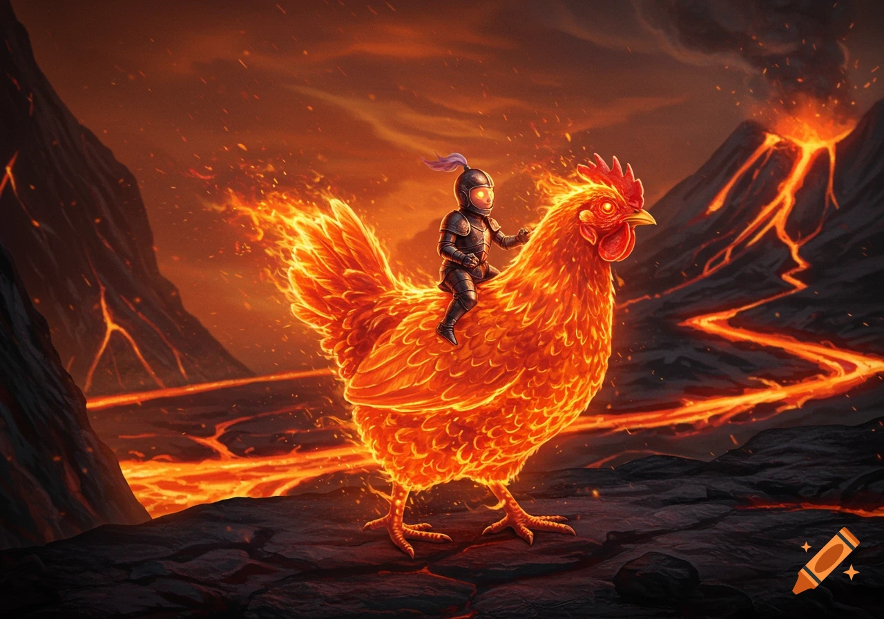 A small knight in dark armor rides a giant flaming chicken through a volcanic landscape with flowing lava and fiery skies.