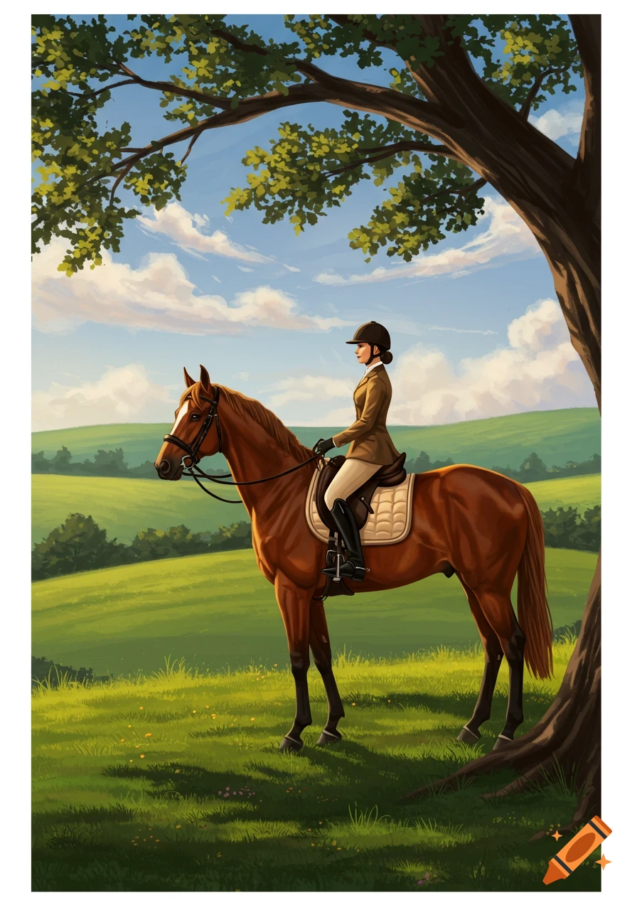 A person in riding gear sits on a brown horse in a lush green field under the shade of a large tree.