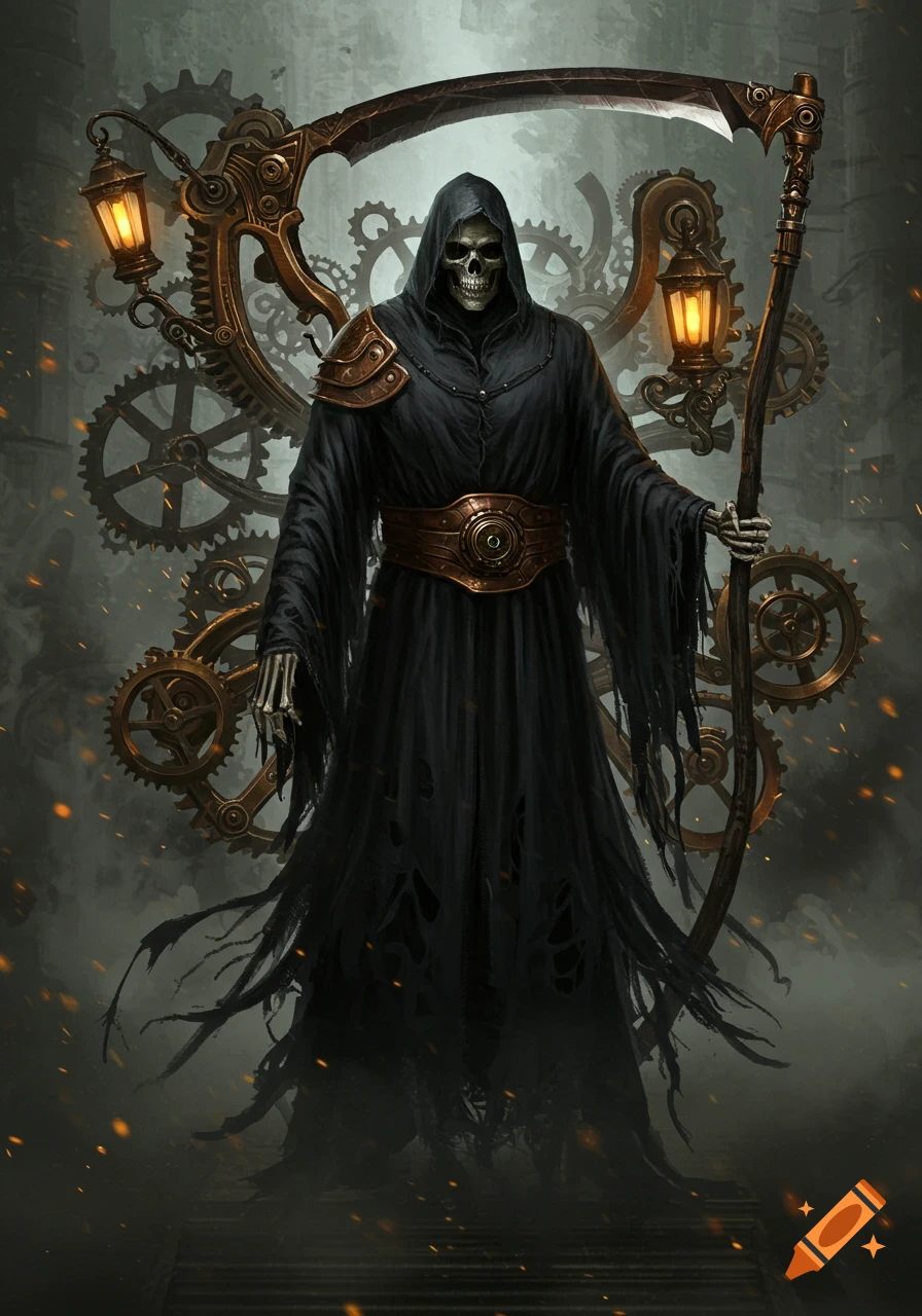 A dramatic dark fantasy image of the Grim Reaper in a tattered robe with a scythe, surrounded by intricate steampunk gears.
