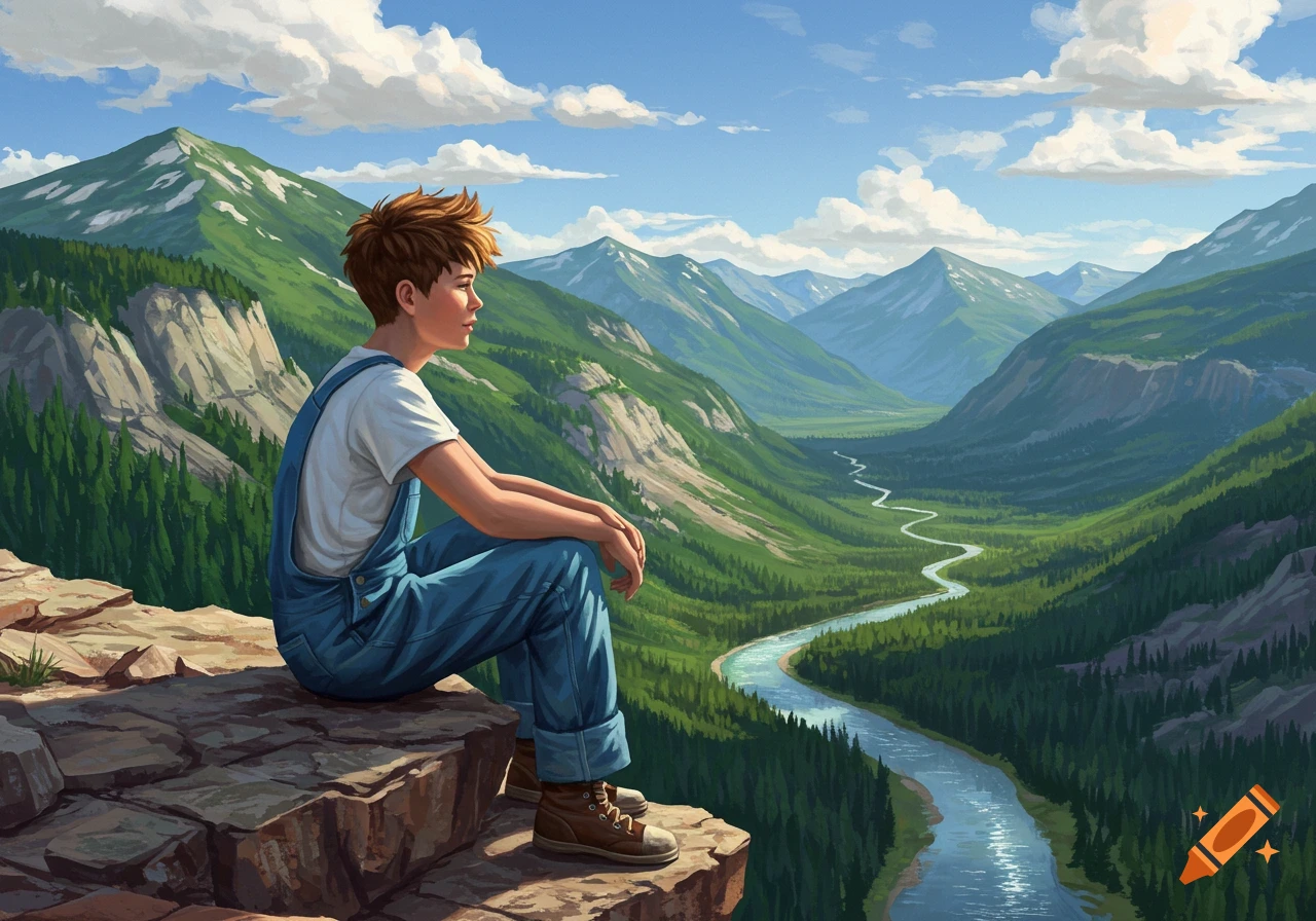 A boy in overalls sits on a cliff overlooking a vast green mountain valley with a winding river under a blue sky with clouds.