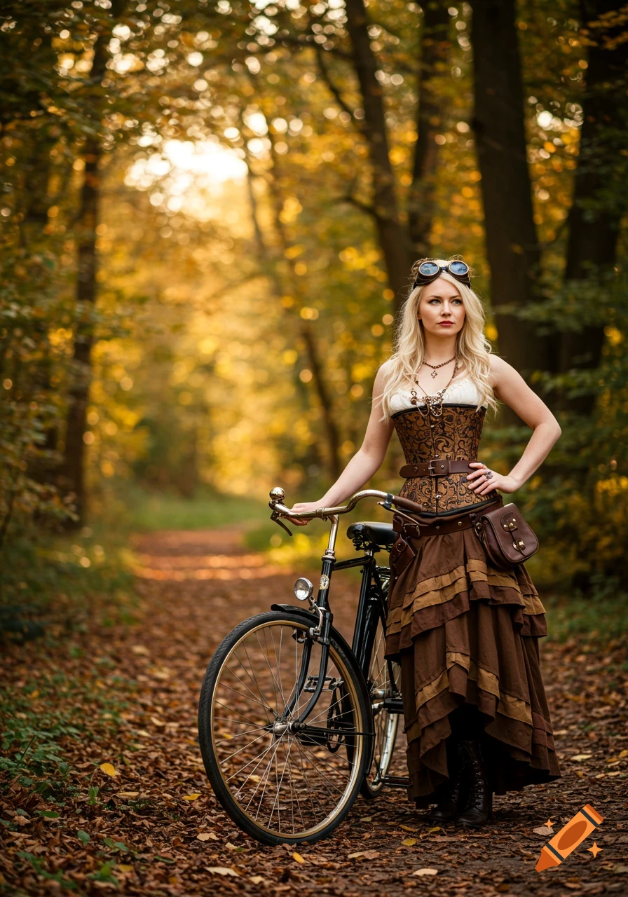 A blonde woman in a steampunk outfit stands next to a bicycle on a leaf-covered path in an autumnal forest.