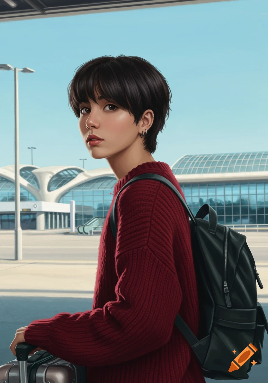 A realistic portrait of an androgynous young person with dark hair and hoop earrings, wearing a red sweater and backpack, holding a suitcase at a modern airport.