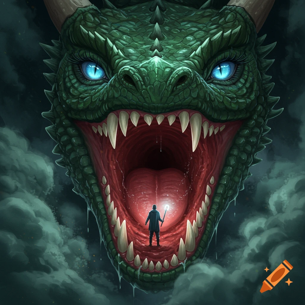 A small man with a glowing staff stands inside the wide-open mouth of a giant green dragon with blue eyes.