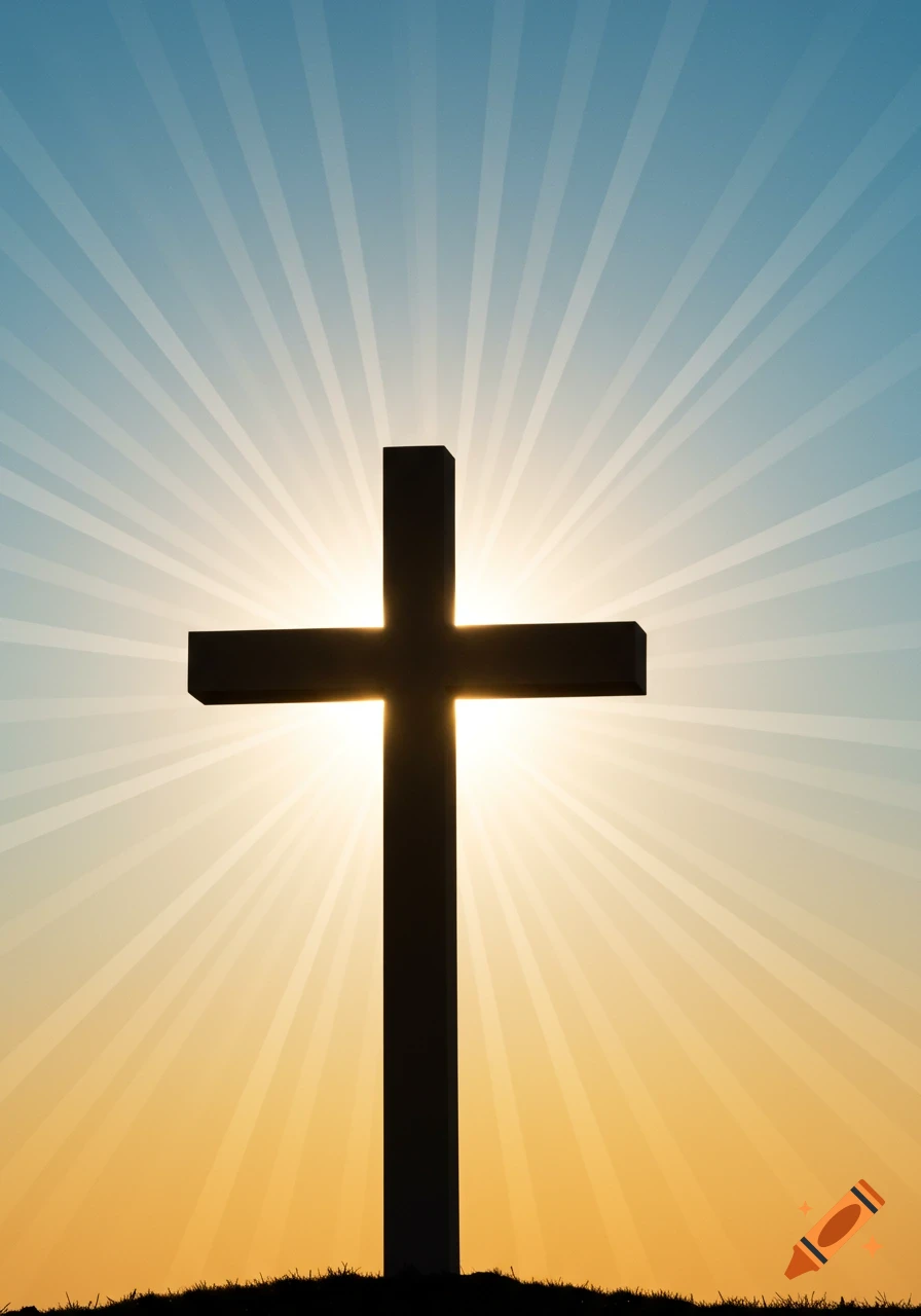 Silhouette of a cross with sun rays radiating from behind it against a gradient sunrise sky.