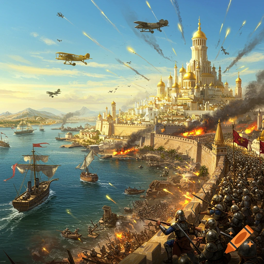 A large golden city under siege by land, sea, and air forces, with soldiers battling, ships firing, and planes dropping bombs.