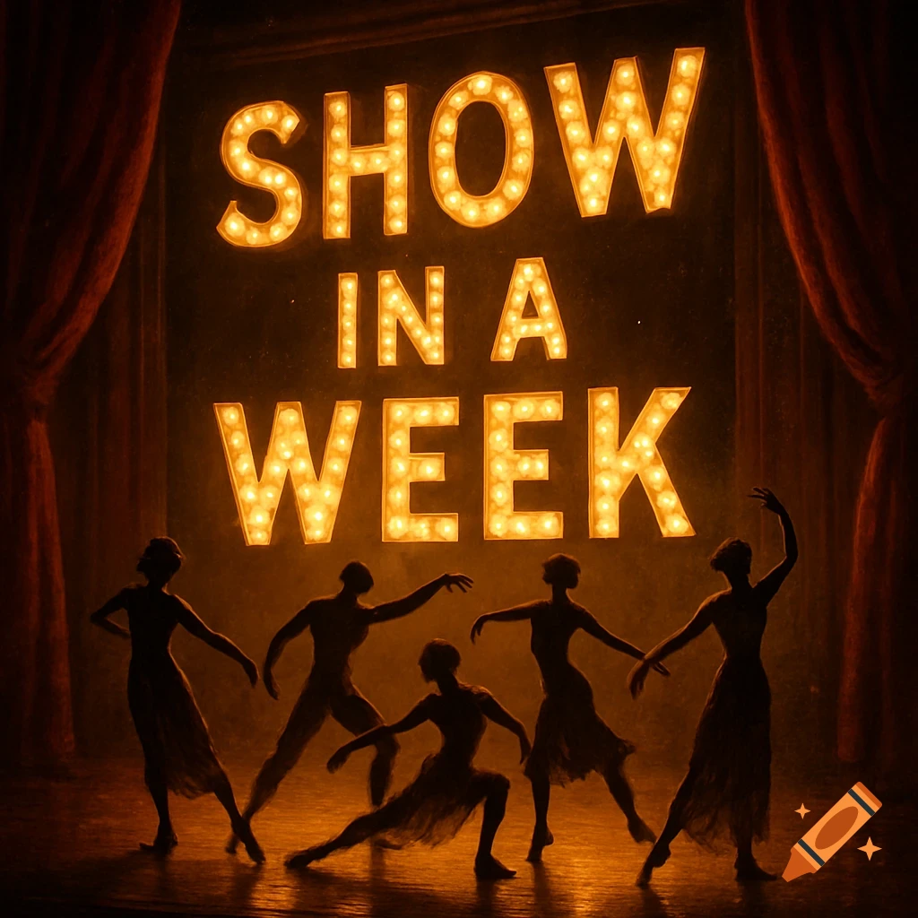Illuminated marquee lights spell 'SHOW IN A WEEK' above five silhouetted dancers on a dark stage with red curtains.