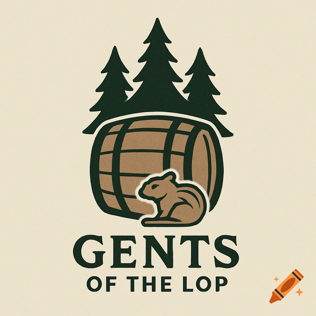 A minimalist logo with three dark green pine trees above a brown barrel, with a stylized light brown chipmunk in front of the barrel. Below, the text "GENTS OF THE LOP".