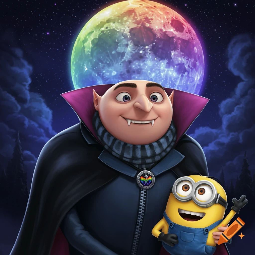 Close-up of Gru dressed as a friendly vampire with a black and purple cape, wearing a rainbow medallion. He holds a Minion, all beneath a giant rainbow moon in a starry night sky.